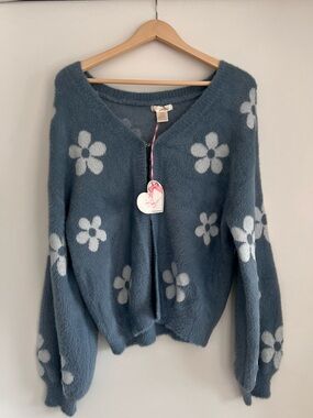 Sweet Stories Blue Fuzzy Daisy Cardigan Sweater XL Coquette Soft Girl Floral